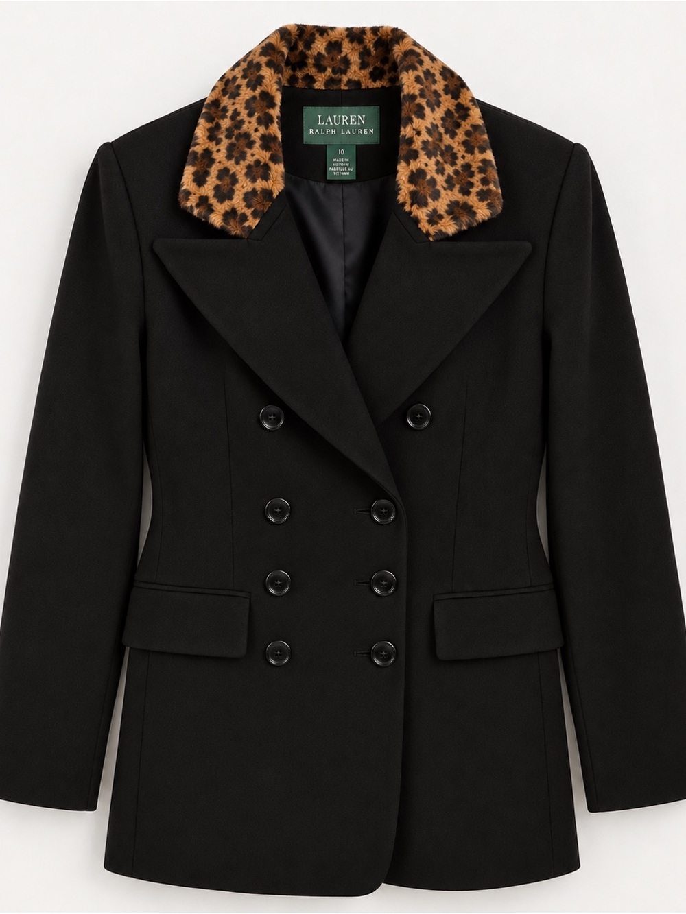 Lauren Ralph Lauren Black Double Breasted Blazer Leopard Faux Fur Collar Size 10